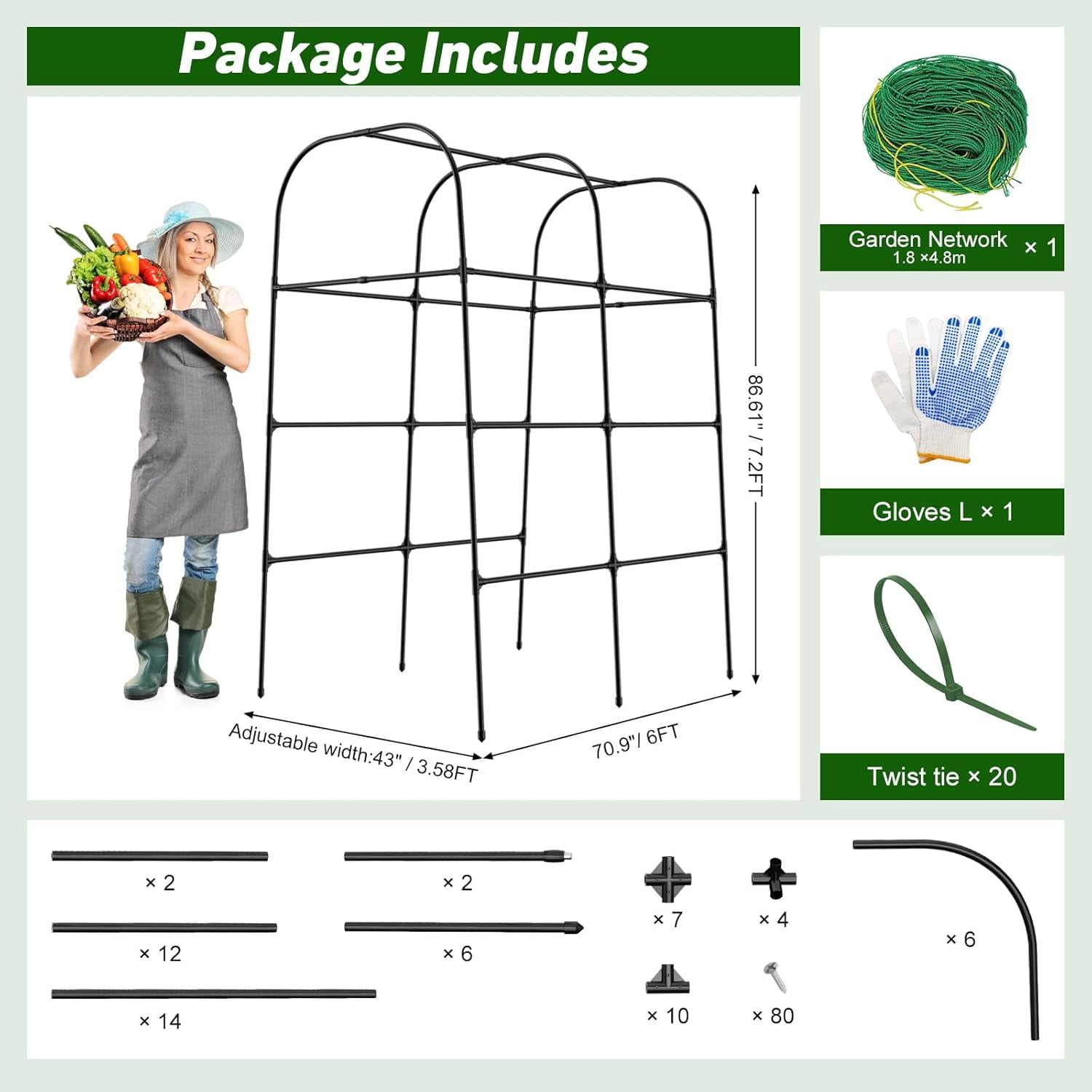 7ft Cucumber Trellis for Raised Bed, Garden Arch Trellis for Climbing Plants Outdoor Indoor, Metal Trellis Support with Net for Vegetables Tomato Zucchini Squash Beans Peas Melons,  Flowers,Vines
