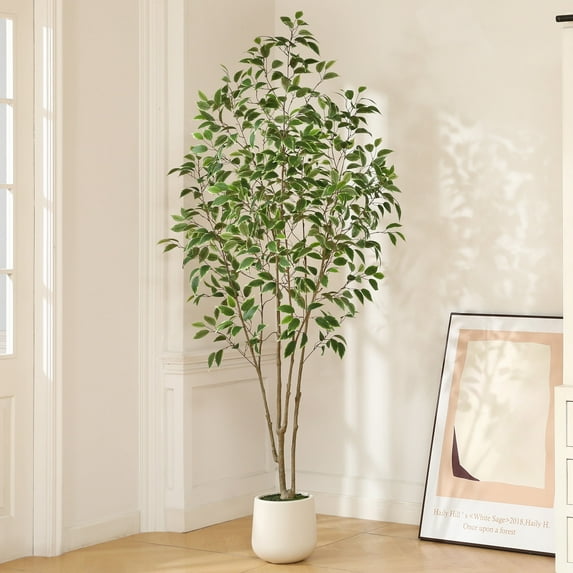 7ft Fake Ficus Tree with Oval White Planter, Pre Potted Faux Greenry Plant for Home Decor Office House Living Room Indoor Outdoor, Big Fake Plants Fake House Plants