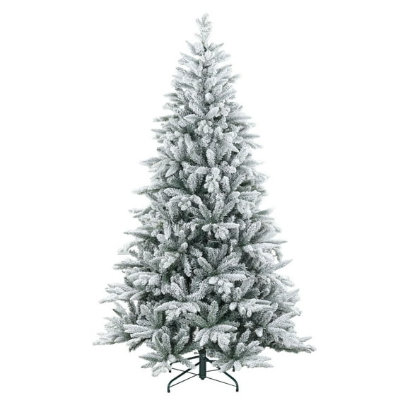 7ft Flocked Christmas Tree, Artificial Xmas Tree with Hinged Branches & Metal Base, Snow Tips, Indoor Holiday Decoration