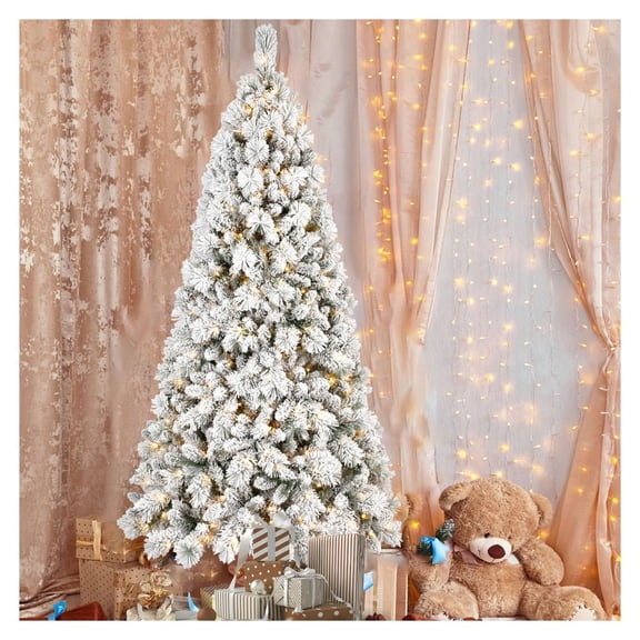 7ft Flocked Christmas Tree with Lights, Fireproof PVC & Hard Needle Mixed Tree, Hinged Automatic Setup, Thickened Stand for Stability