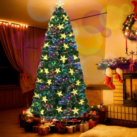 7ft Pre-lit Fiber Optic Christmas Tree with Color Changing Lights, Large Stars & Metal Stand Artificial Spruce Tree for Holiday Decorations