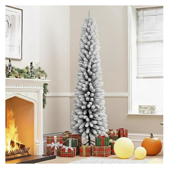 7ft Flocked Pencil Christmas Tree, Unlit Tall Skinny Christmas Tree with 469 PVC Realistic Branch Tips, Slim Artificial Christmas Trees with Metal Foldable Base, Premium Hinged Xmas Trees for Holiday