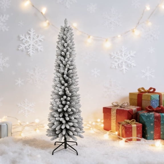 7ft Flocked Pencil PVC white Christmas Tree - Slim Space-Saving Holiday Decor