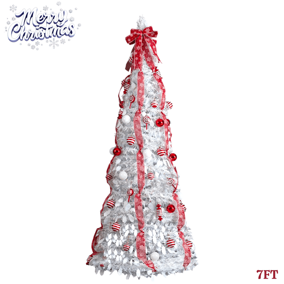 7ft Fully-Decorated Pop-Up Christmas Tree w/ 170 Warm White LED Lights & Ornaments, Instant Setup Collapsible Artificial Xmas Tree (White)