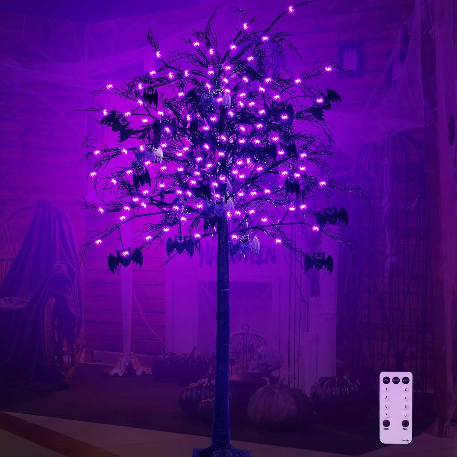 7ft Halloween Black Tree Decor with 98 LED Glitter Purple Spider Lights
