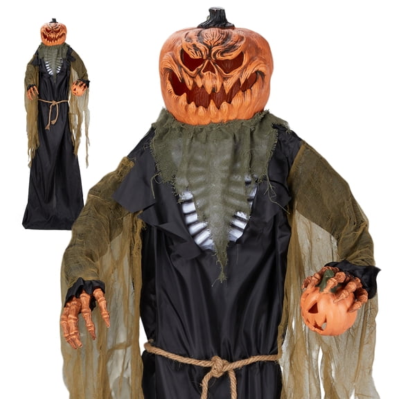 7ft Halloween Pumpkin Man Standing Decor with Red Glowing Head & Sound