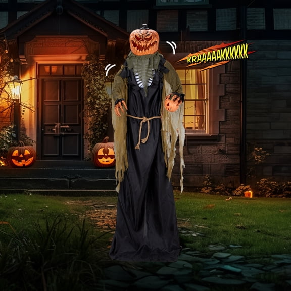 7ft Halloween Standing Pumpkin Man with Lights & Sounds, Outdoor Indoor Pumpkin Clearance Spooky Props Decor Lawn Backyard Garden