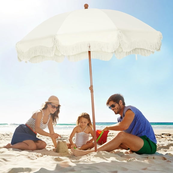 7ft Heavy Duty Beach Umbrella with Sand Anchor, Fringe Design, 50+ Protection for Pool Backyard