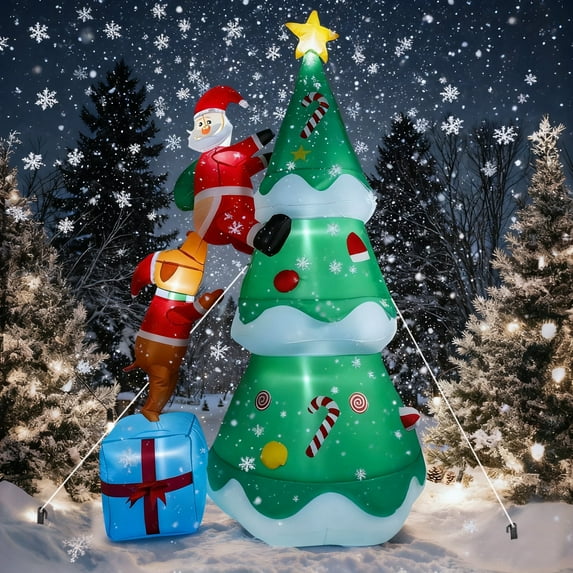 7ft Inflatable Christmas Tree for Yard Outside Decoration, Blow Up Santa Climbing Tree Chased by Puppy, Built-in LED Lights for Winter Holiday Xmas Party Indoor and Outdoor Garden Lawn Decors