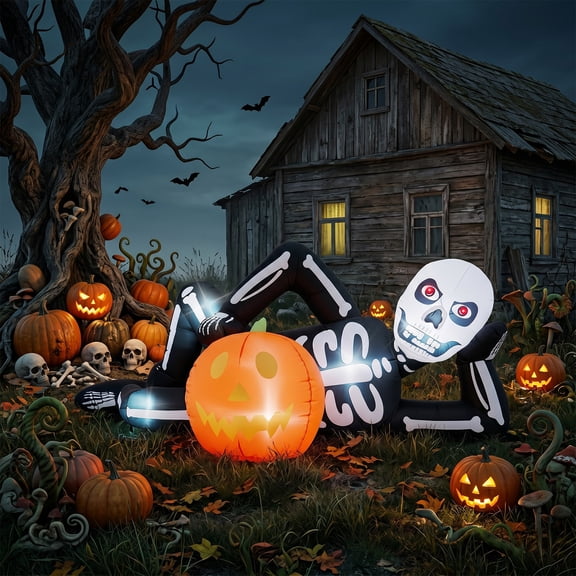 7ft Inflatable Halloween Lying Skeleton with 7 LED Lights Black and White Decor for Lawn