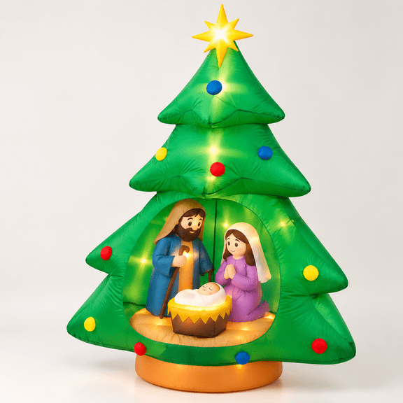 7ft Inflatable Nativity Scene Christmas Tree Outdoor Yard Decoration with Built-in LED Lights