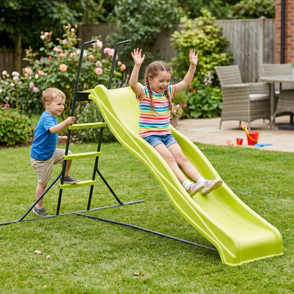 7ft Kids Plastic Slide Indoor Freestanding Playground Equipment, 93" Large Toddler Slide with High Guardrails & Sturdy Steel Frame, Green Outdoor Backyard Playset for Ages 3-8