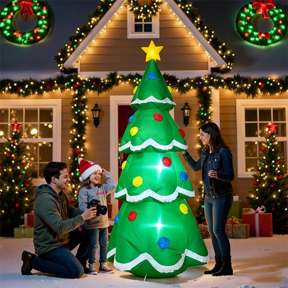 7ft Lighted Inflatable Christmas Tree - (British Regulations) Plug-In PVC Toy with Built-In Blower, Outdoor Holiday Decoration, Bright Lights Enhances Festive Vibe, Easy to Inflate, Green, 7ft/210cm