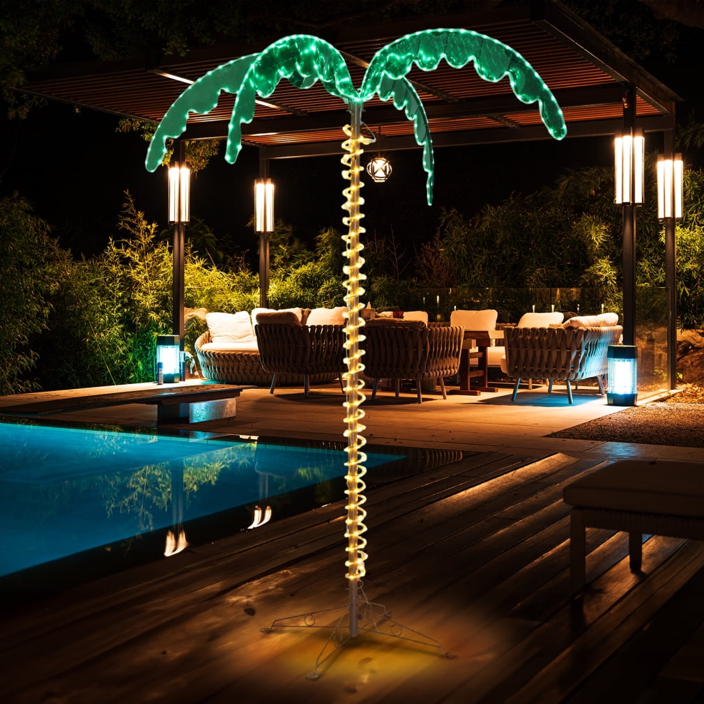 7ft Lighted Palm Trees for Outside Patio, Tropical Light Up LED Palm Tree with 306 LED Lights