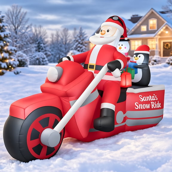 7ft Long Christmas Inflatable Santa Motorcycle Decor, Santa Snow Ride Inflatable Yard Decoration with Snowman Penguin & Gift Boxes, LED Lighted Outdoor Holiday Blow Up