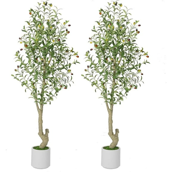 7ft Olive Trees Artificial Indoor,Tall Fake Plants with 96 Lifelike Olive Fruits & 1152 Dense Leaves,Faux Plants in White Imitation Ceramic, Perfect for Modern Home Decor,2pack