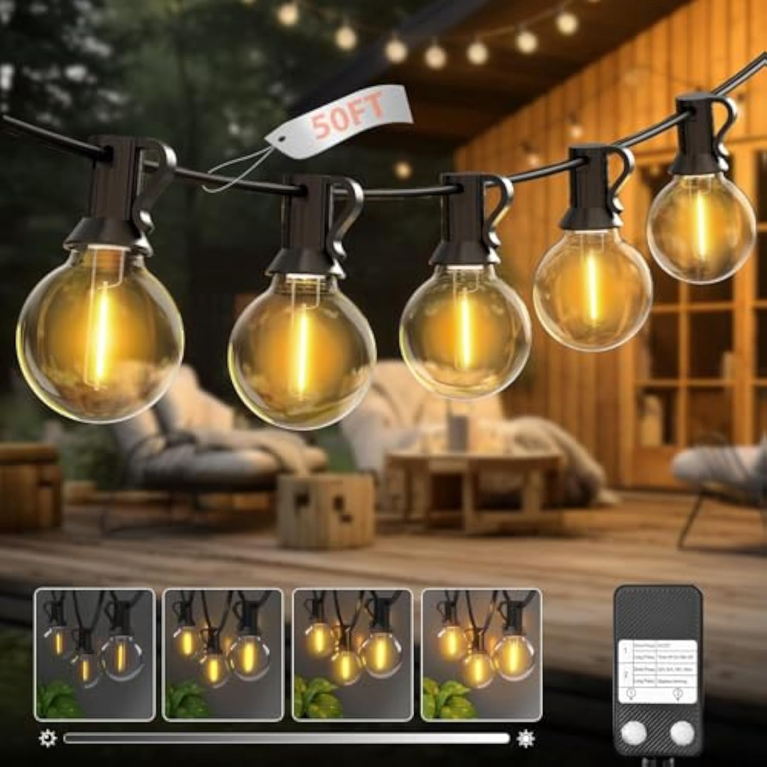 7ft Outdoor String Lights with Dimmer Timer, G40 LED Patio Lights Shatterproof Waterproof for Backyard Porch Gazebo Garden, Yellow