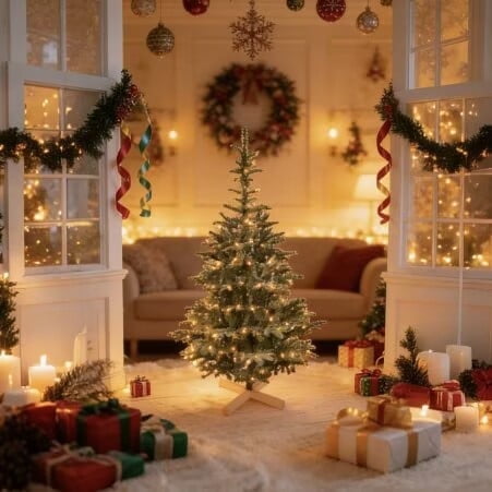 7ft PE/PVC mixed green Christmas Tree with warm white LED Lights