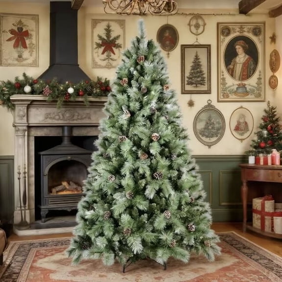 7ft PVC/Hard needle mixed Green Christmas Tree – Lifelike Full-Bodied Festive Centerpiece& 82pcs pine cone
