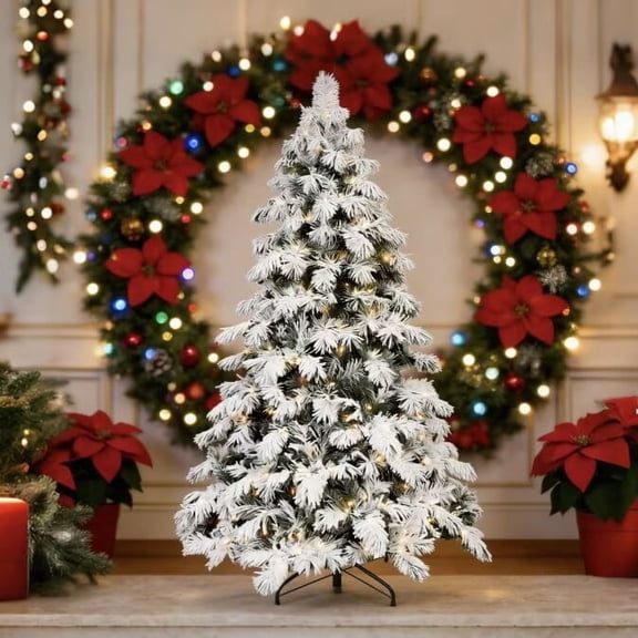 7ft PVC flocked Green+White Christmas Tree  Lifelike Full-Bodied Festive Centerpiece& Warm white LED Lightsmemory wire+power pole