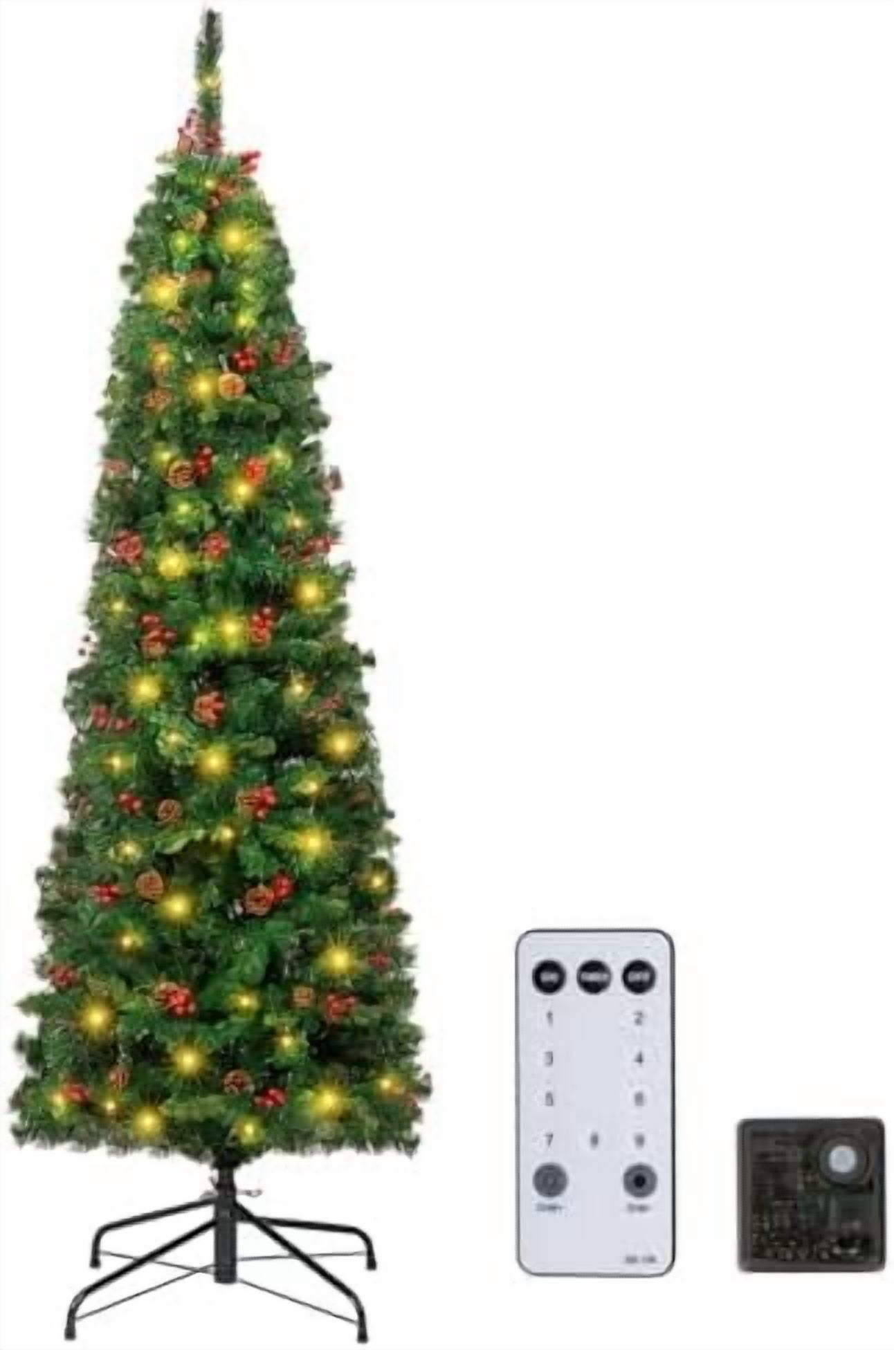 7ft Pencil Christmas Tree with Remote Control, Prelit Slim Artificial ...