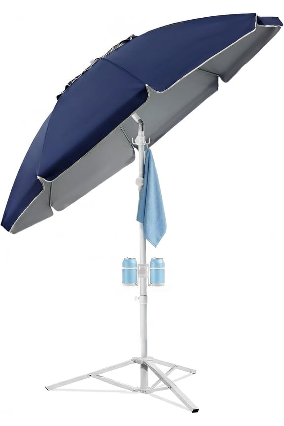 7ft Portable Umbrella with Stand, UPF 50+ Sports Sun Shade Umbrella with Carry Bag, Hook & Cup Holders, Adjustable Instant Sun Protection for Sports, Beach, Fishing, Navy Blue