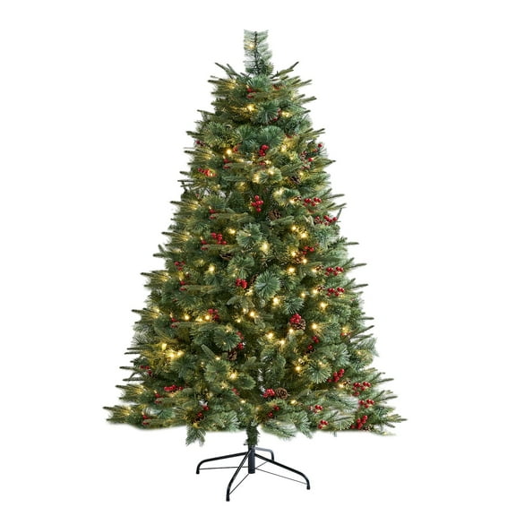 7ft Pre-Lit Artificial Christmas Tree, Pre-Decorated with Pinecones and Berries w/400 Lights,1050 Realistic Branch Tips for Home, Office, Party,Holiday Decoration,Easy Assembly,Foldable Metal Stand