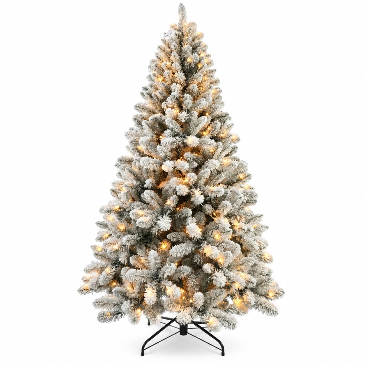 7ft Pre-Lit Artificial Christmas Tree, Snow Flocked Design Pine Tree, Full Appearance Lighted Snowy w/Easy Assembly, 350 Lights, 850 Branch Tips Metal Stand for Home, Party Holiday Xmas Decoration