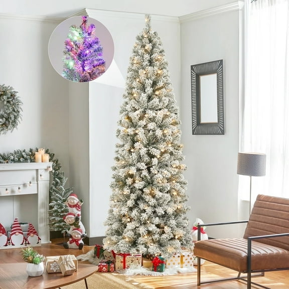 Qunler 7ft Pre-Lit Snow Flocked Pencil Christmas Tree, Artificial Slim Xmas Tree with Warm White & 10 Modes Multicolor Lights for Holiday Decor