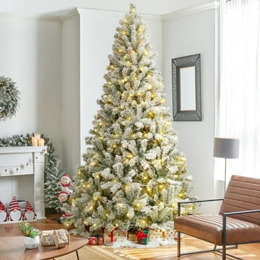 7ft Pre-Lit Artificial Snow Flocked Christmas Tree with 300 LED Warm White & Multicolor Lights