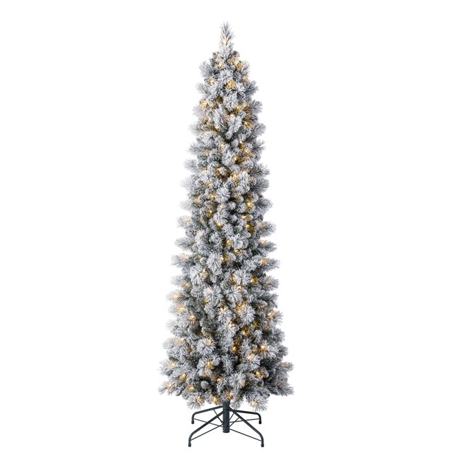 7ft. PreLit Flocked Slim Artificial Christmas Tree, Warm White LED