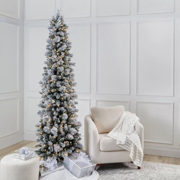 7ft. Pre-Lit Flocked Slim Artificial Christmas Tree, Warm White Twinkle LED Lights by Ashland