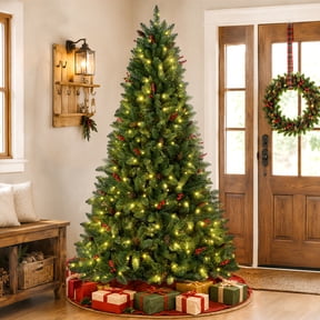 7ft Pre-Lit Christmas Tree with Red Berries & Pinecones, 350 Warm White & Multicolor LED Lights, 1173 Tips, Hinged Pre-Decorated Artificial Christmas Tree for Home Holiday Decor