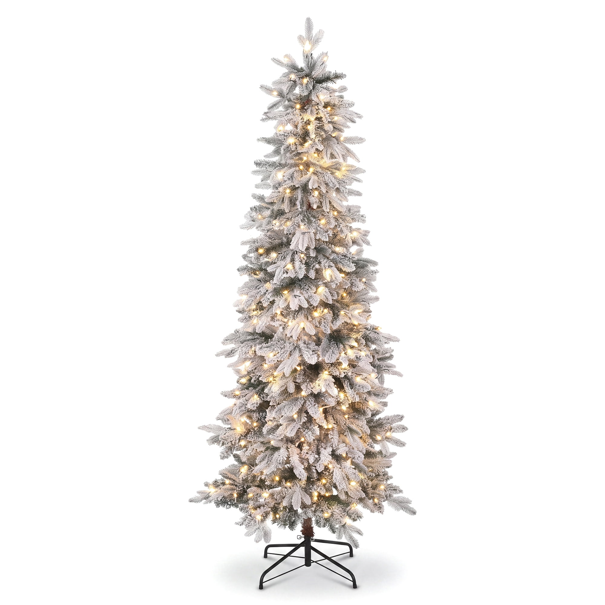 7ft Pre‑Lit Snow Flocked Christmas Tree, Slim Pencil Xmas Tree, Hinged