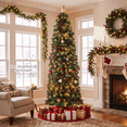 thumbnail image 1 of 7ft Pre-Lit Spruce Pencil Christmas Tree with 450 Lights, 920 Full Branch Tips, Slim Artificial Xmas Tree Pine Cone & Red Berries, Includes Metal Base, Ideal Xmas Decor for Home and Office, Green, 1 of 11