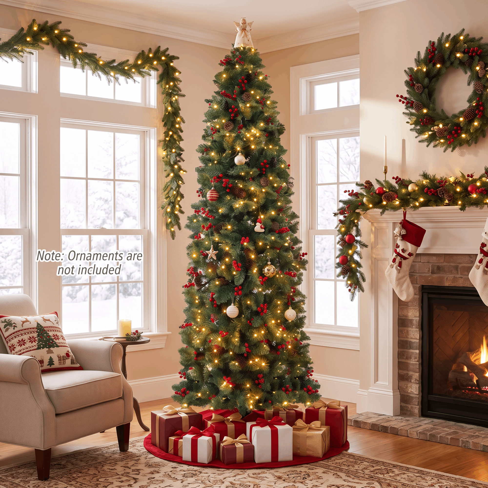 7ft Pre-Lit Spruce Pencil Christmas Tree with 450 Lights, 920 Full Branch Tips, Slim Artificial Xmas Tree Pine Cone & Red Berries, Includes Metal Base, Ideal Xmas Decor for Home and Office, Green