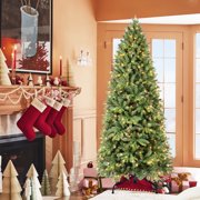 7ft Pre-lit Artificial Christmas Tree with 400 Warm White LED Lights, 1375 PVC+PE Mixed Branch Tips,Hinged Structure for Easy Setup, Holiday Xmas Tree for Home Party Decoration