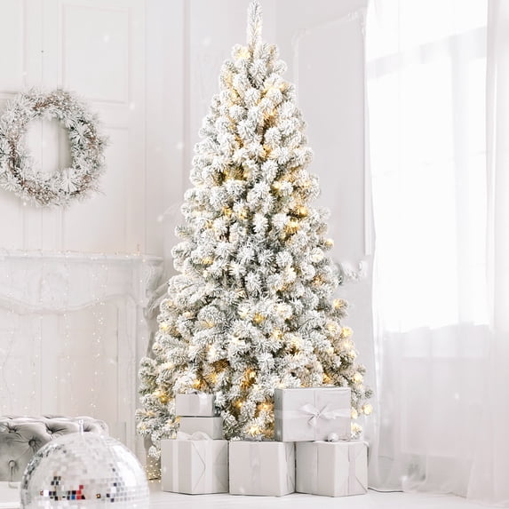 7ft Pre-lit Artificial Christmas Tree with Incandescent Warm White Lights, Snow Flocked Full Prelighted Xmas Tree with 1064 Branch Tips, 400 Incandescent Lights Foldable Stand