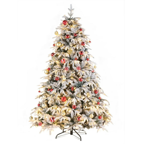7ft Pre-lit Artificial Christmas Tree with Incandescent Warm White Lights, Snow Flocked Xmas Tree with 1687 Branch Tips, 450 Lights & Foldable Stand