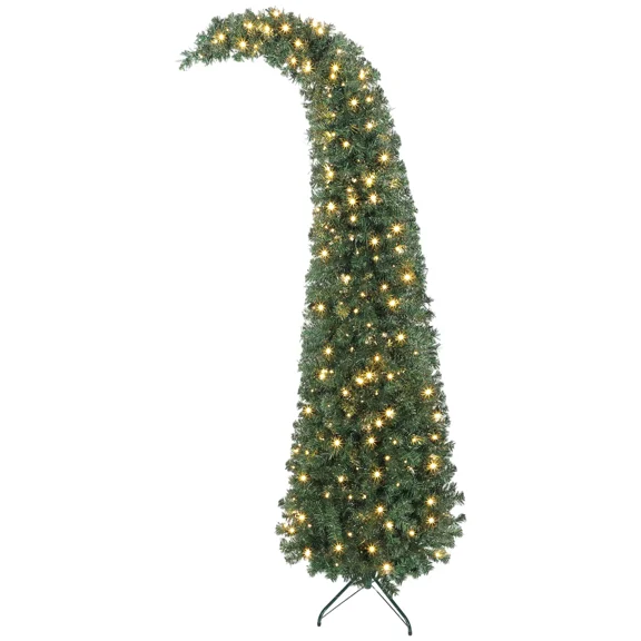 7ft Prelit Bent Top Christmas Tree, Slim High Mountain Fir with 300 LED Lights, 8 Modes, Metal Stand, Full Green Holiday Tree