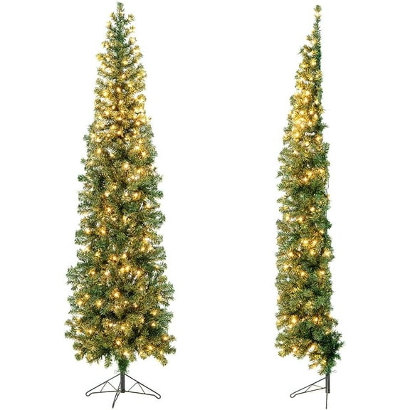 7ft Prelit Half-Shape Christmas Tree, Space-Saving Slender Artificial Xmas Tree with 150 Lights, 450 Branch Tips, Foldable Metal Stand, for Indoor, Office, Home, Party, Holiday Decor