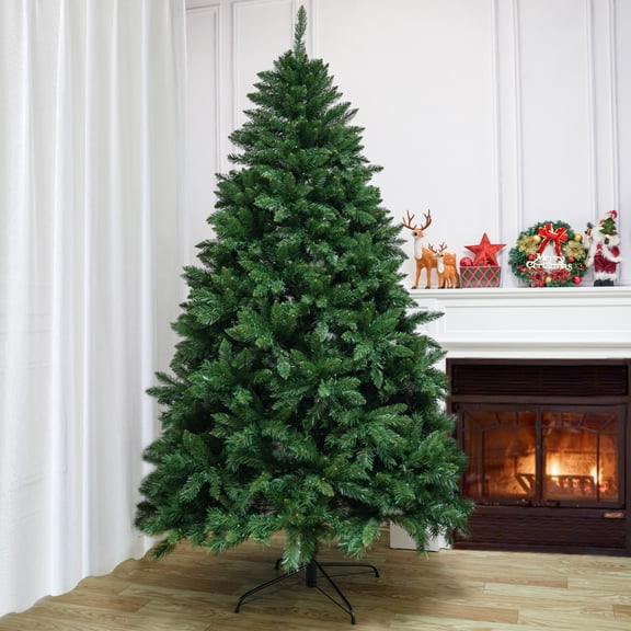 7ft Premium Christmas Tree, Pine Hinged Artificial Holiday Tree W/ 1906 Tips, Metal Base - Green