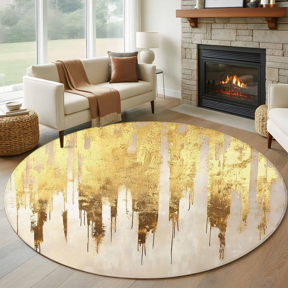 7ft Round Rug, Abstract Gold Non-Skid Rubber Backing Large Area Rugs - Living Room Bedroom Home Office, Modern Brush Luxury Strokes Artwork Indoor Floor Mat Carpets Washable Rug