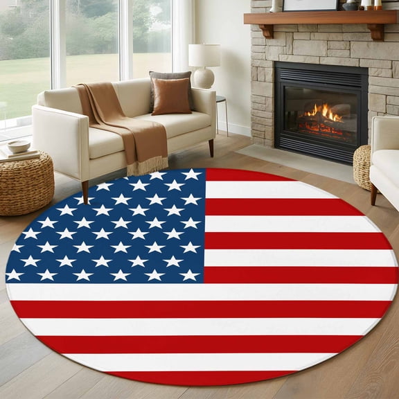 7ft Round Rug, American Flag Non-Skid Rubber Backing Large Area Rugs - Living Room Bedroom Home Office, Blue Red USA Flag Indoor Floor Mat Carpets Washable Rug