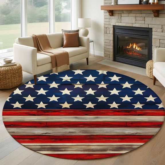 7ft Round Rug, American Flag Non-Skid Rubber Backing Large Area Rugs - Living Room Bedroom Home Office, Vintage USA Flag Wooden Indoor Floor Mat Carpets Washable Rug