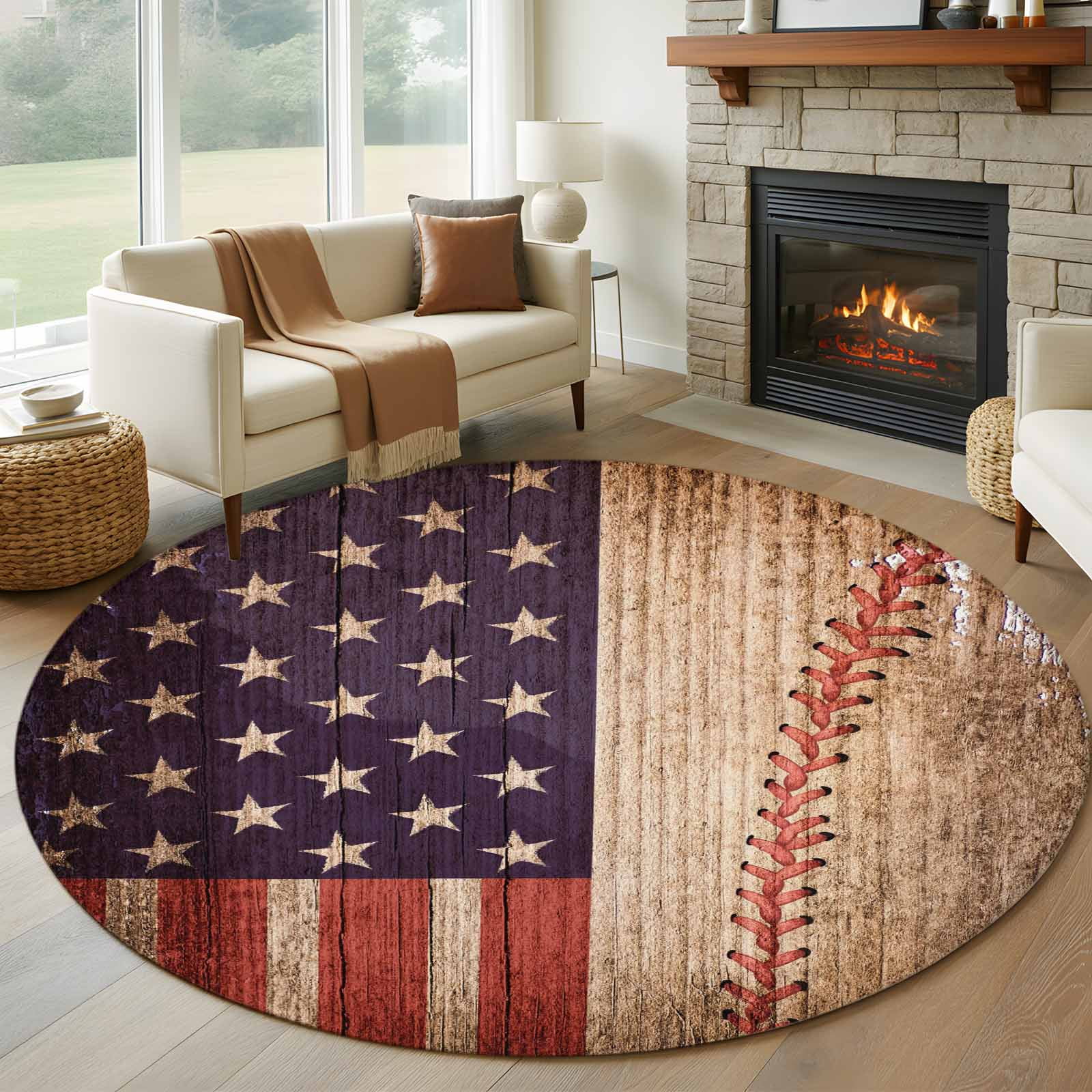 Flag Rugs 7ft Round Rug, American Flag Vintage Non-Skid Rubber Backing Large Area ...