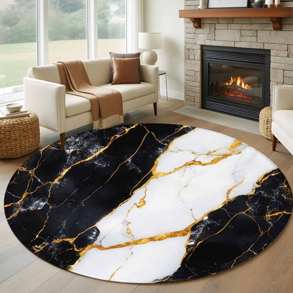 7ft Round Rug, Black Marble Non-Skid Rubber Backing Large Area Rugs - Living Room Bedroom Home Office, Luxury Gold White Abstract Cracks Artwork Indoor Floor Mat Carpets Washable Rug