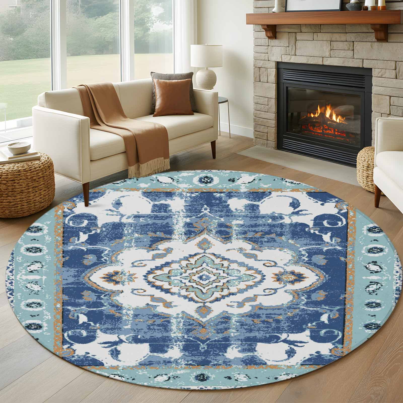 Round Rubber Rug 7ft Round Rug, Blue Boho Non-Skid Rubber Backing Large Area Rugs ...