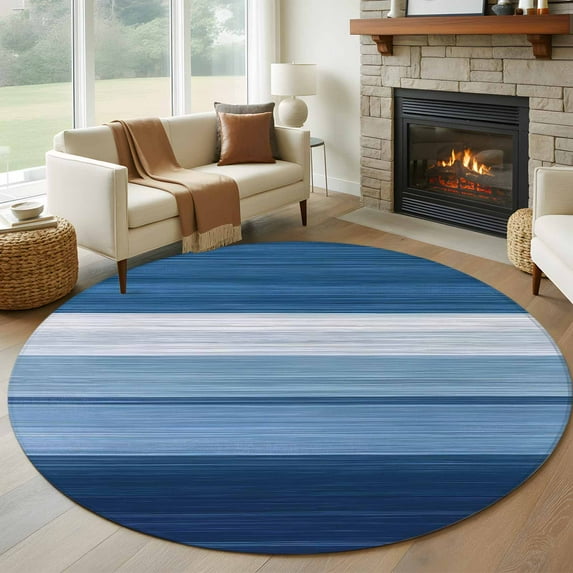7ft Round Rug, Blue Ombre Stripe Non-Skid Rubber Backing Large Area Rugs - Living Room Bedroom Home Office, Farmhouse Striped Modern Abstract Art Indoor Floor Mat Carpets Washable Rug