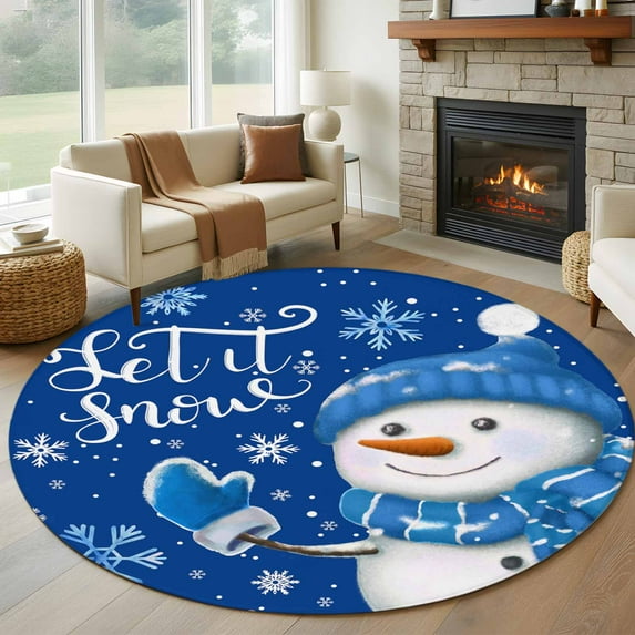 7ft Round Rug, Blue Snowman Christmas Non-Skid Rubber Backing Large Area Rugs - Living Room Bedroom Home Office, Xmas Winter Snowflake Let Snow Indoor Floor Mat Carpets Washable Rug